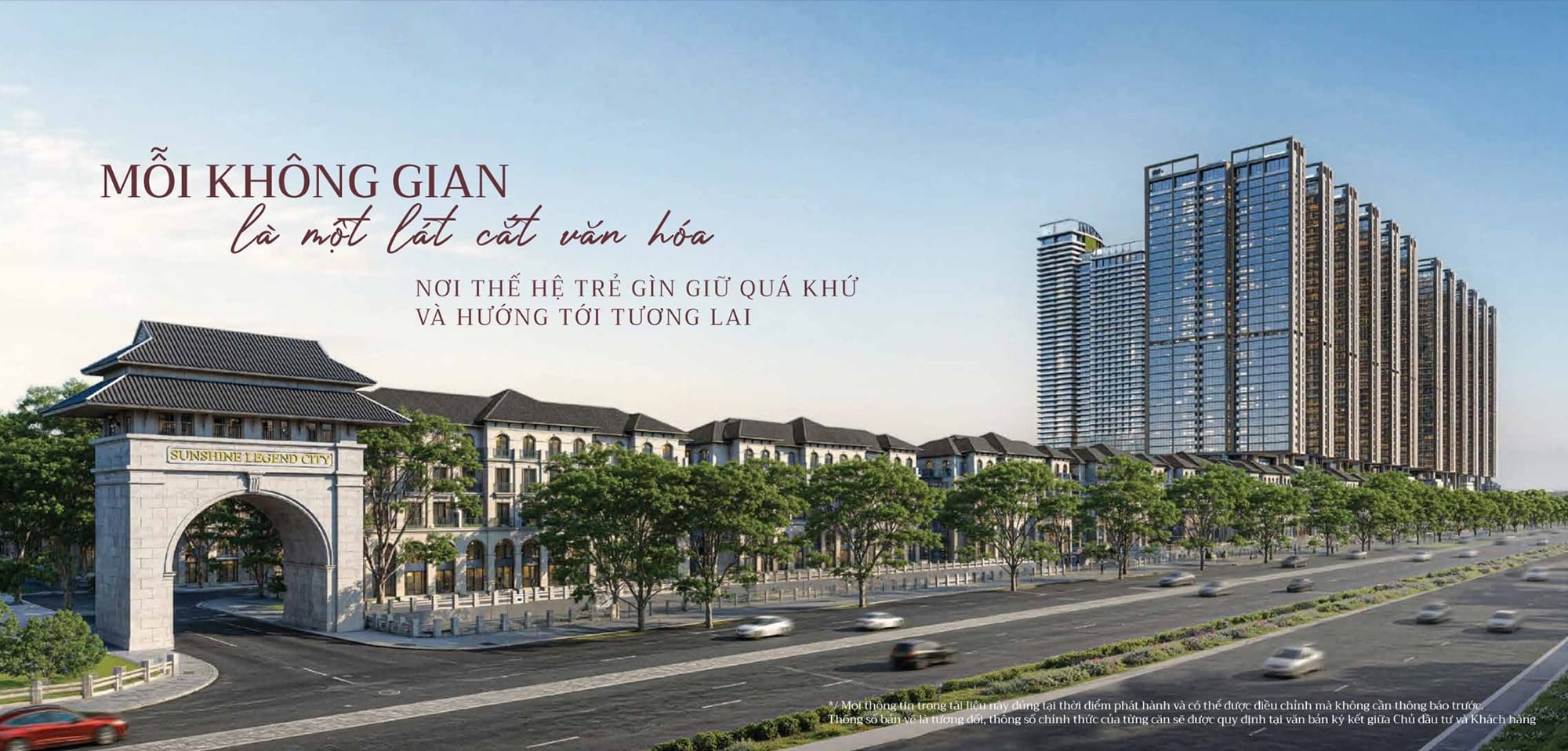 Hình ảnh phối cảnh Sunshine Legend City với cổng chào phong cách Á Đông, dãy shophouse sang trọng và khu căn hộ cao tầng hiện đại phía sau