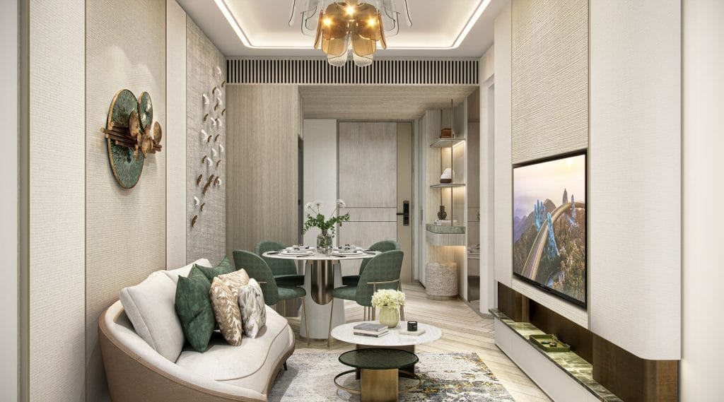 Nội thất căn hộ 1 phòng ngủ tại Sunshine Legend City, thiết kế hiện đại với sofa cong, bàn tròn ăn 4 ghế, tường trang trí nghệ thuật, đèn trần độc đáo và tivi gắn tường, tạo nên không gian sống đẳng cấp và tiện nghi.