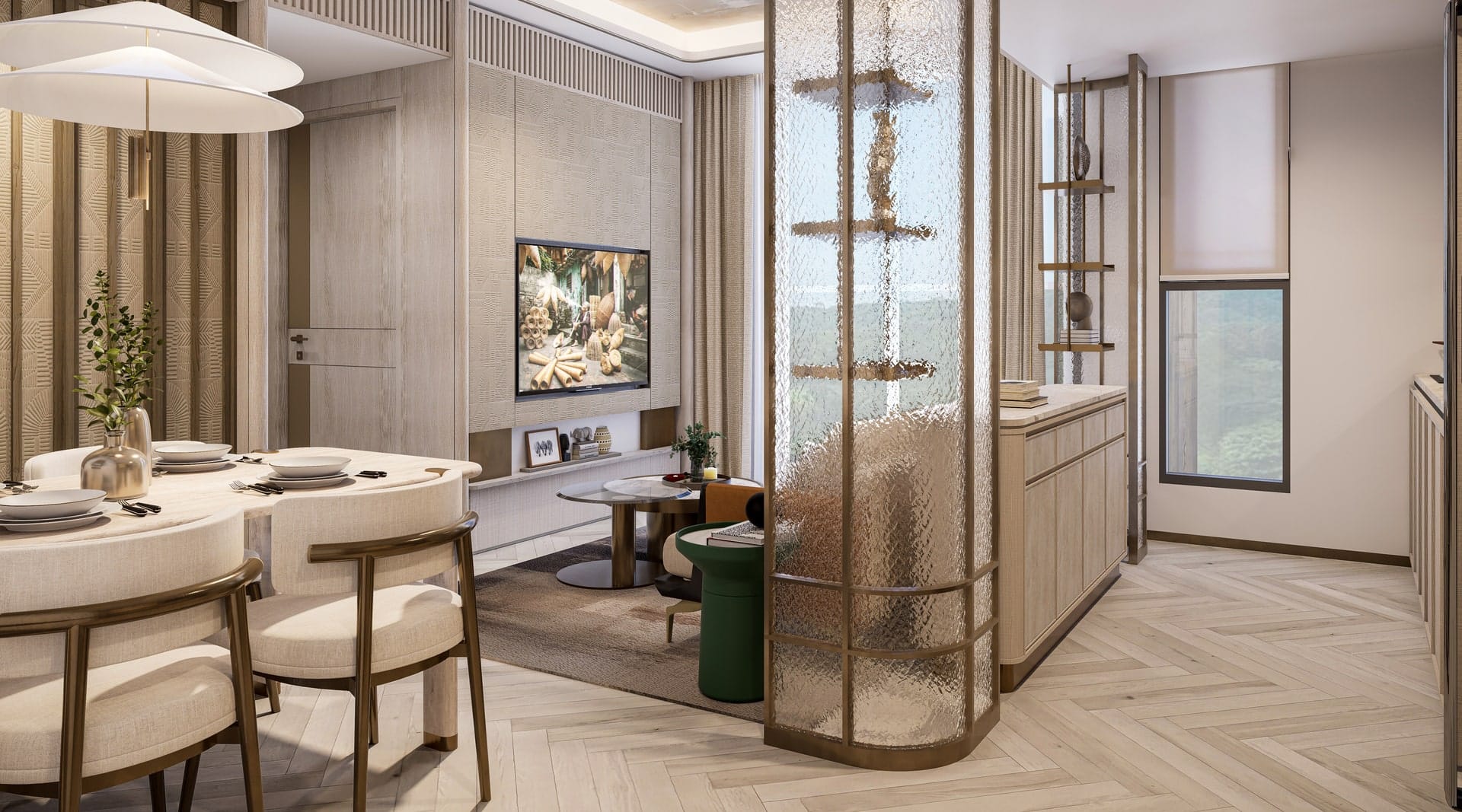 Nội thất căn hộ 2 phòng ngủ tại Sunshine Legend City với khu vực bàn ăn 4 ghế, phòng khách ấm cúng, vách kính nghệ thuật phân tách không gian, cửa sổ lớn đón ánh sáng tự nhiên, sàn gỗ xương cá và tông màu be nhã nhặn.