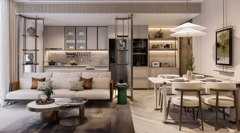 Phòng khách căn hộ 3 phòng ngủ Sunshine Legend City với sofa sáng màu, bàn trà đôi kim loại, khu vực bếp liền kề hiện đại, bàn ăn 6 ghế, hệ tủ âm tường và đèn trang trí nổi bật. Thiết kế nội thất tinh tế với gam màu trung tính và ánh sáng ấm.