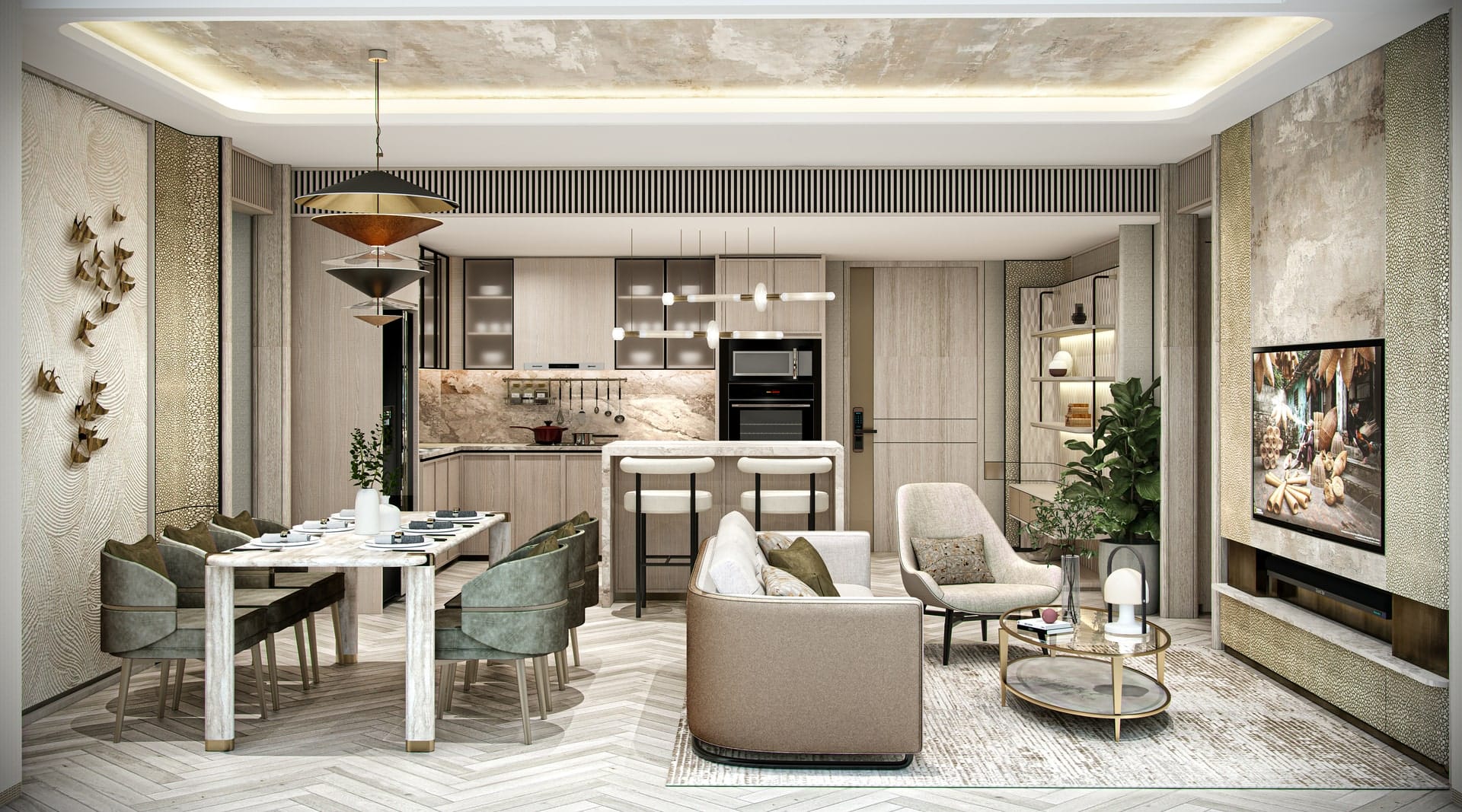 Phòng khách căn hộ 4 phòng ngủ tại Sunshine Legend City, thiết kế hiện đại với ghế sofa cong, bàn trà đôi, ghế thư giãn, bếp mở với bar mini, bàn ăn 6 ghế bọc nệm cao cấp, đèn trần nghệ thuật và tường trang trí họa tiết nổi. Tông màu be và xám tinh tế, ánh sáng dịu và nội thất sang trọng.