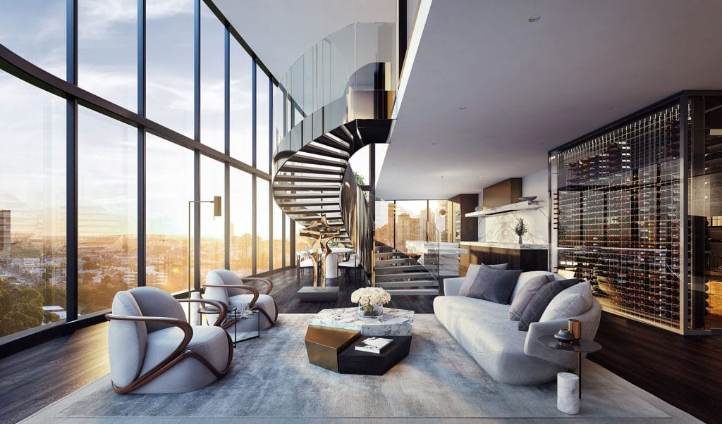 Phòng khách căn hộ Penthouse tại Sunshine Legend City với trần cao hai tầng, tường kính toàn cảnh, cầu thang xoắn ốc kính, nội thất cao cấp gồm sofa cong, bàn đá cẩm thạch, ghế bọc vải sang trọng, bếp mở ốp đá tự nhiên và tủ rượu âm tường quy mô lớn. Ánh sáng hoàng hôn chiếu vào làm nổi bật không gian đẳng cấp.