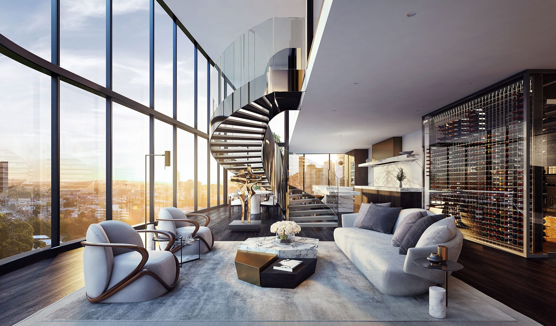 Phòng khách căn hộ Penthouse tại Sunshine Legend City với trần cao hai tầng, tường kính toàn cảnh, cầu thang xoắn ốc kính, nội thất cao cấp gồm sofa cong, bàn đá cẩm thạch, ghế bọc vải sang trọng, bếp mở ốp đá tự nhiên và tủ rượu âm tường quy mô lớn. Ánh sáng hoàng hôn chiếu vào làm nổi bật không gian đẳng cấp.