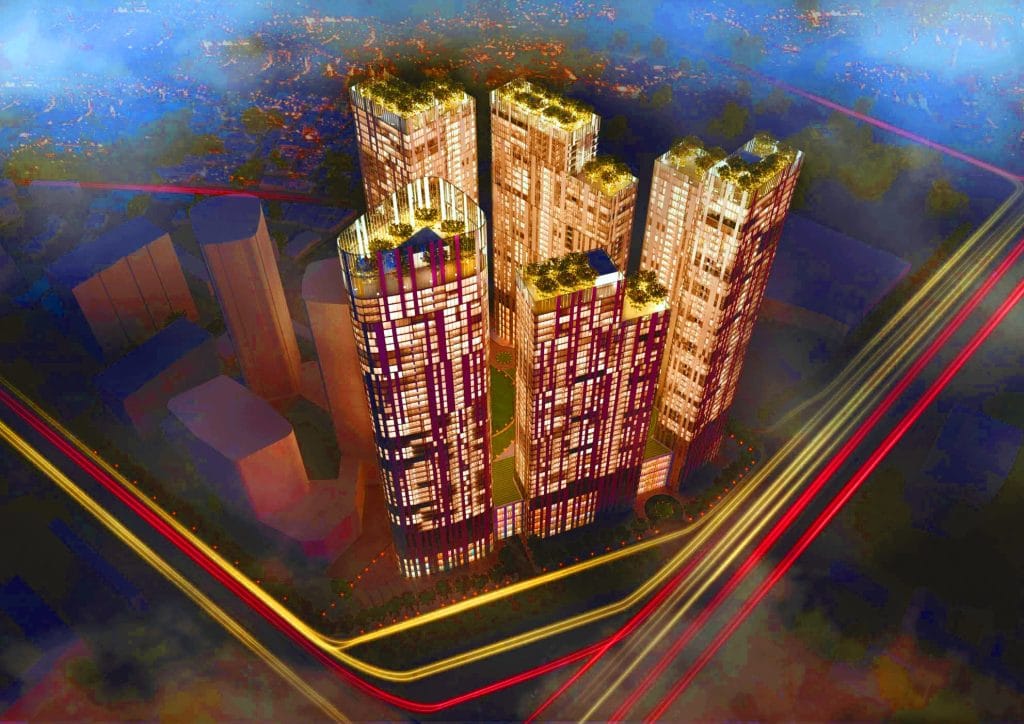 Phối cảnh tổng thể dự án Sunshine Legend City tại Hưng Yên Hà Nội với hệ thống tòa tháp cao cấp, thiết kế hiện đại, nổi bật ánh sáng về đêm.