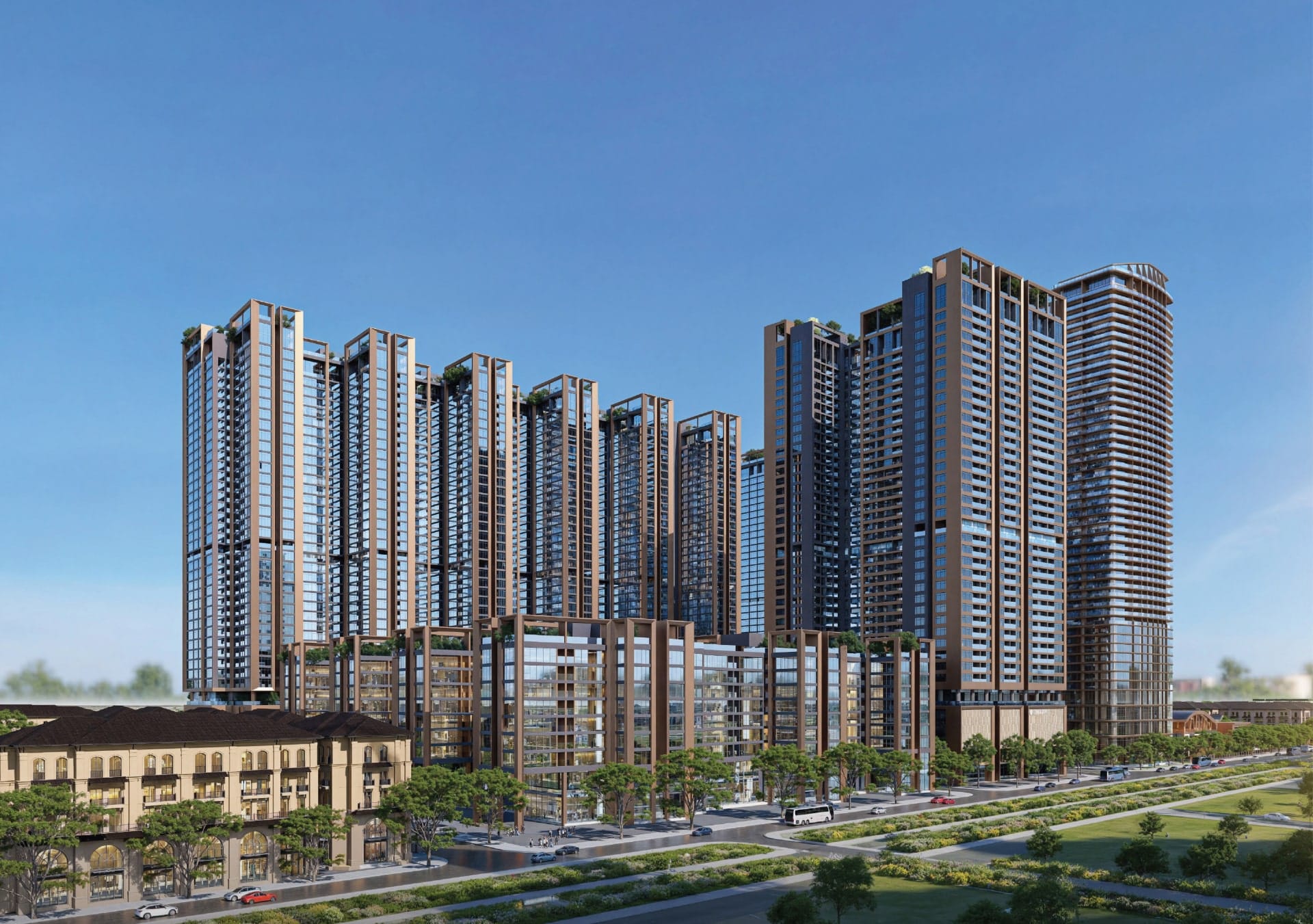 Sunshine Legend City với lối kiến trúc hiện đại, đẳng cấp quốc tế với chuỗi tiện ích 5 sao, mang đến trải nghiệm sống thời thượng cho cộng đồng tinh hoa. Phối cảnh tổng thể dự án Sunshine Legend City với các tòa tháp cao tầng hiện đại, mặt kính sang trọng, xen kẽ mảng xanh và dãy nhà phố thương mại phía trước, thể hiện quy mô và đẳng cấp của khu đô thị cao cấp.