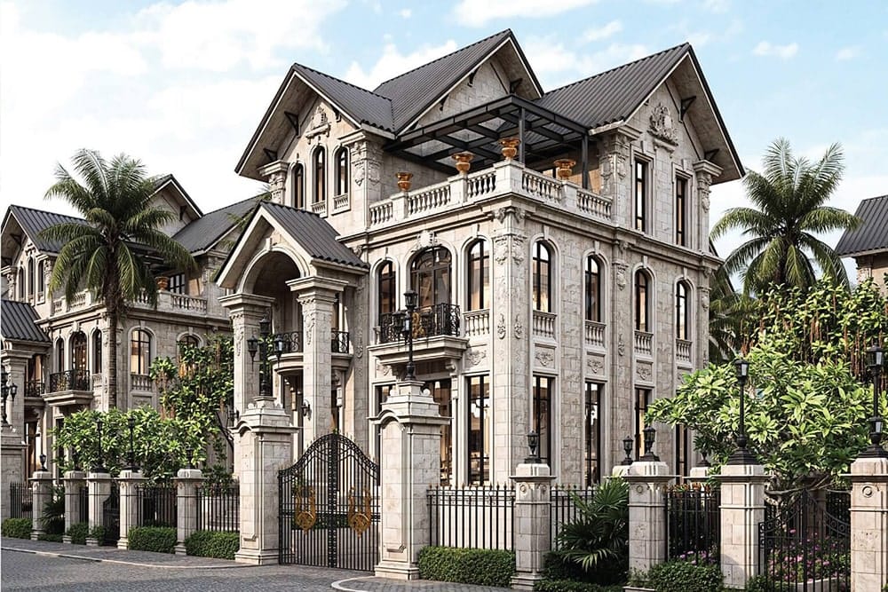 Mặt bằng Sunshine Legend City - Chủ đầu tư Sunshine Group 3 Biệt thự sang trọng tại dự án Sunshine Legend City với kiến trúc tân cổ điển châu Âu, mái ngói đen, cổng sắt nghệ thuật và khuôn viên cây xanh bao quanh.