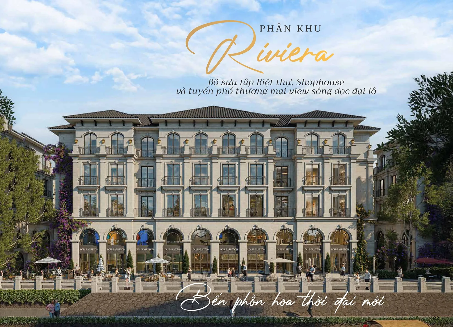 Hình ảnh phối cảnh phân khu Riviera thuộc dự án Sunshine Legend City, gồm dãy biệt thự và shophouse phong cách châu Âu, mặt tiền hướng đại lộ thương mại ven sông