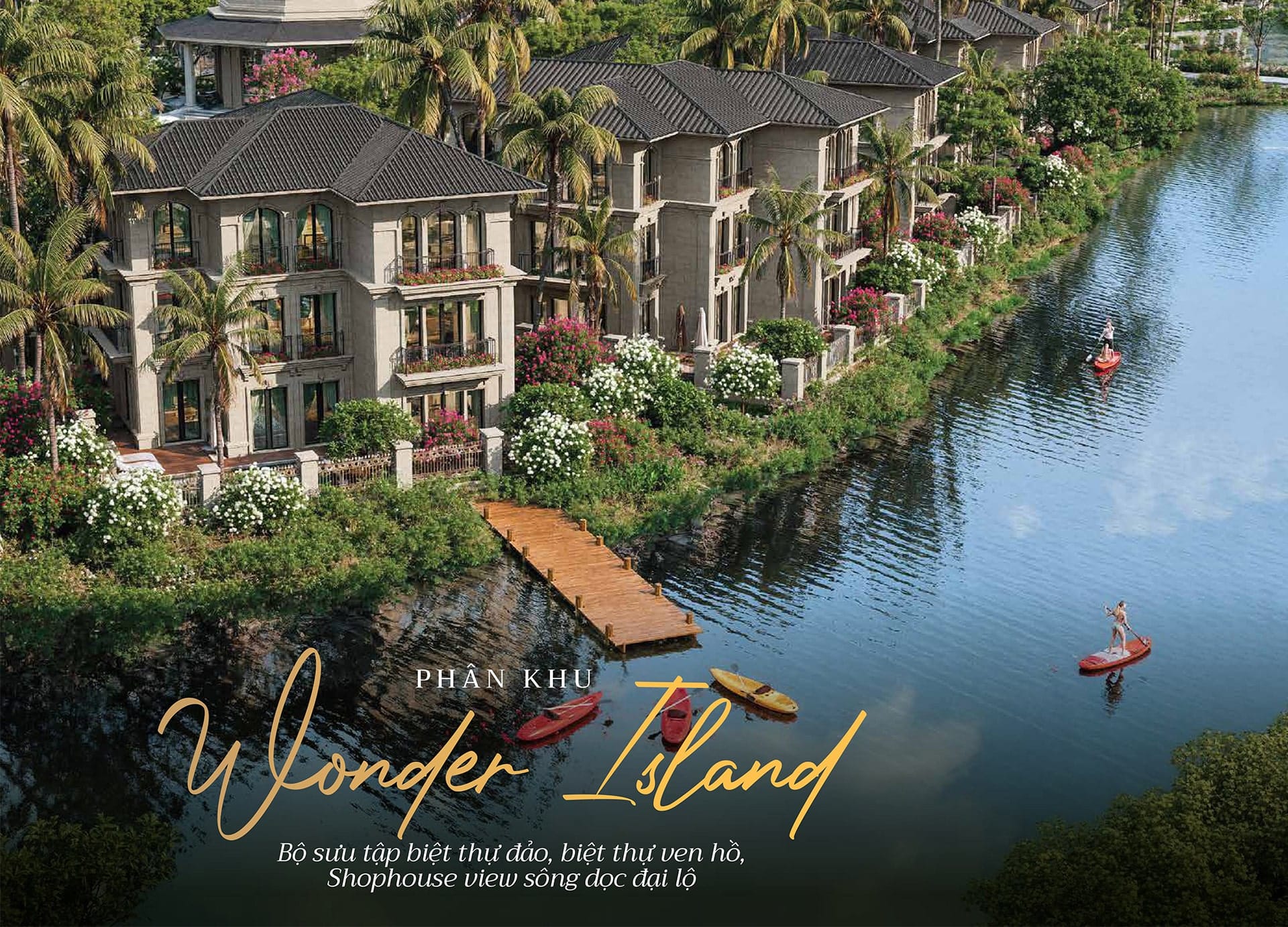 Hình ảnh phối cảnh phân khu Wonder Island thuộc Sunshine Legend City, với biệt thự đảo và biệt thự ven hồ sang trọng, bao quanh bởi sông nước và cây xanh