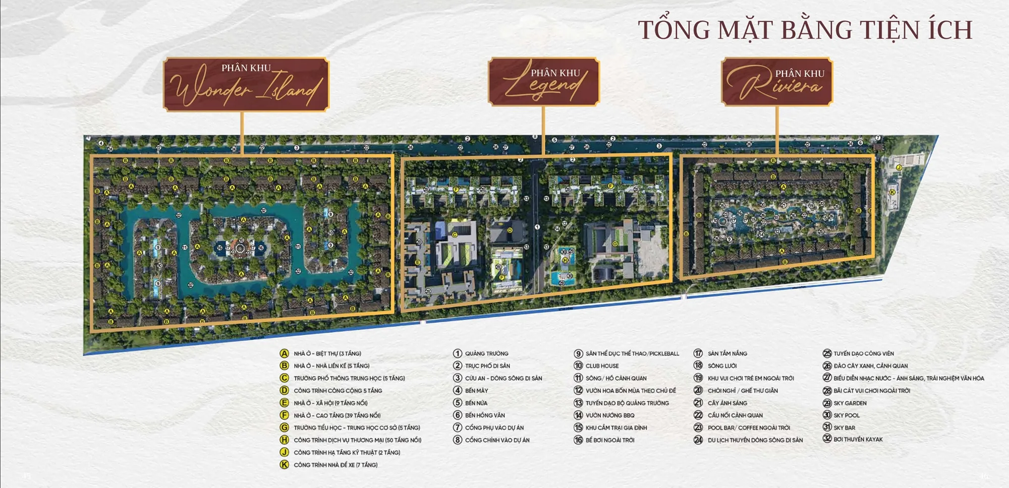 Tổng mặt bằng tiện ích dự án Sunshine Legend City với hệ sinh thái sống trọn vẹn với quảng trường, hồ cảnh quan, khu vui chơi, sky garden, hồ bơi vô cực và hàng loạt tiện ích đẳng cấp quốc tế