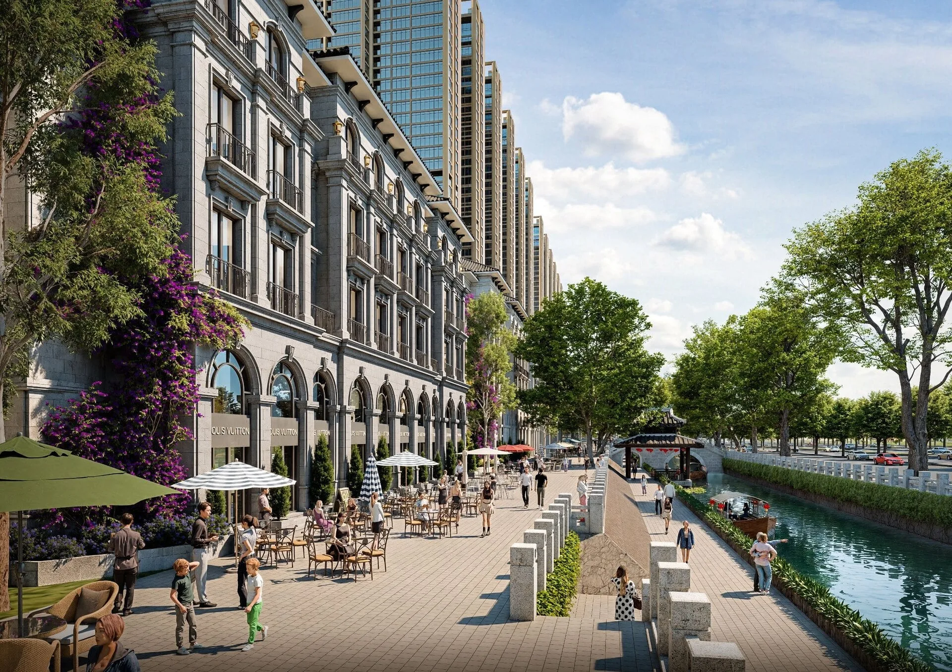 Phố đi bộ ven sông – sự kết hợp hoàn hảo giữa cảnh quan sông nước Cửu An và nhịp sống sôi động của shophouse, mua sắm và ẩm thực cao cấp.