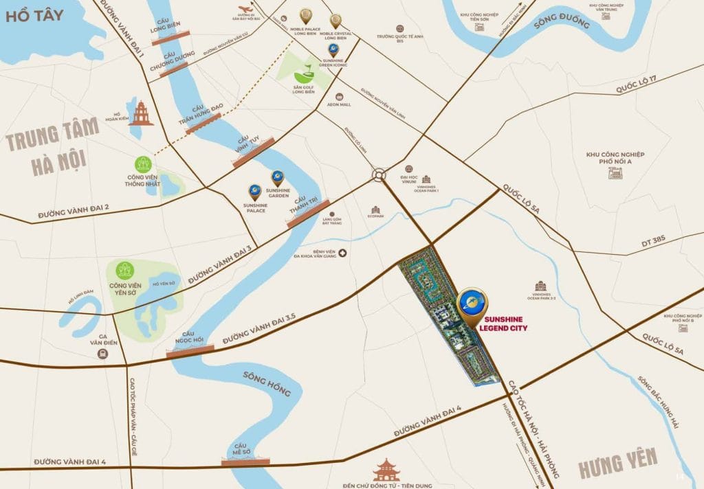 Bản đồ vị trí Sunshine Legend City, dự án nằm giữa đường Vành đai 3.5 và Vành đai 4, sát cao tốc Hà Nội – Hải Phòng, thuận lợi di chuyển đến trung tâm Hà Nội và các tỉnh lân cận