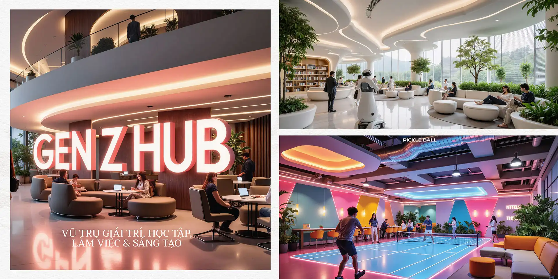 Nơi thế hệ trẻ bắt đầu ngày mới đầy cảm hứng với coworking space hiện đại, không gian mở ngập tràn ánh sáng khơi gợi ý tưởng bùng nổ hay tận hưởng giây phút thư giãn giữa các mảng xanh độc đáo, café phong cách; khám phá Art Gallery – triển lãm ánh sáng ấn tượng hay cháy hết mình tại chuỗi giải trí: Arcade, VR, Ninja Course, gym, bowling, sport zone... Tất cả hội tụ để tạo nên một điểm hẹn của sáng tạo, giải trí, kết nối và phong cách sống mới dành riêng cho Gen Z.